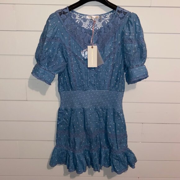 NWT LoveShackFancy Jaislyn blue Cotton Mini Dress - Women's Medium Puff Sleeves - Picture 8 of 9